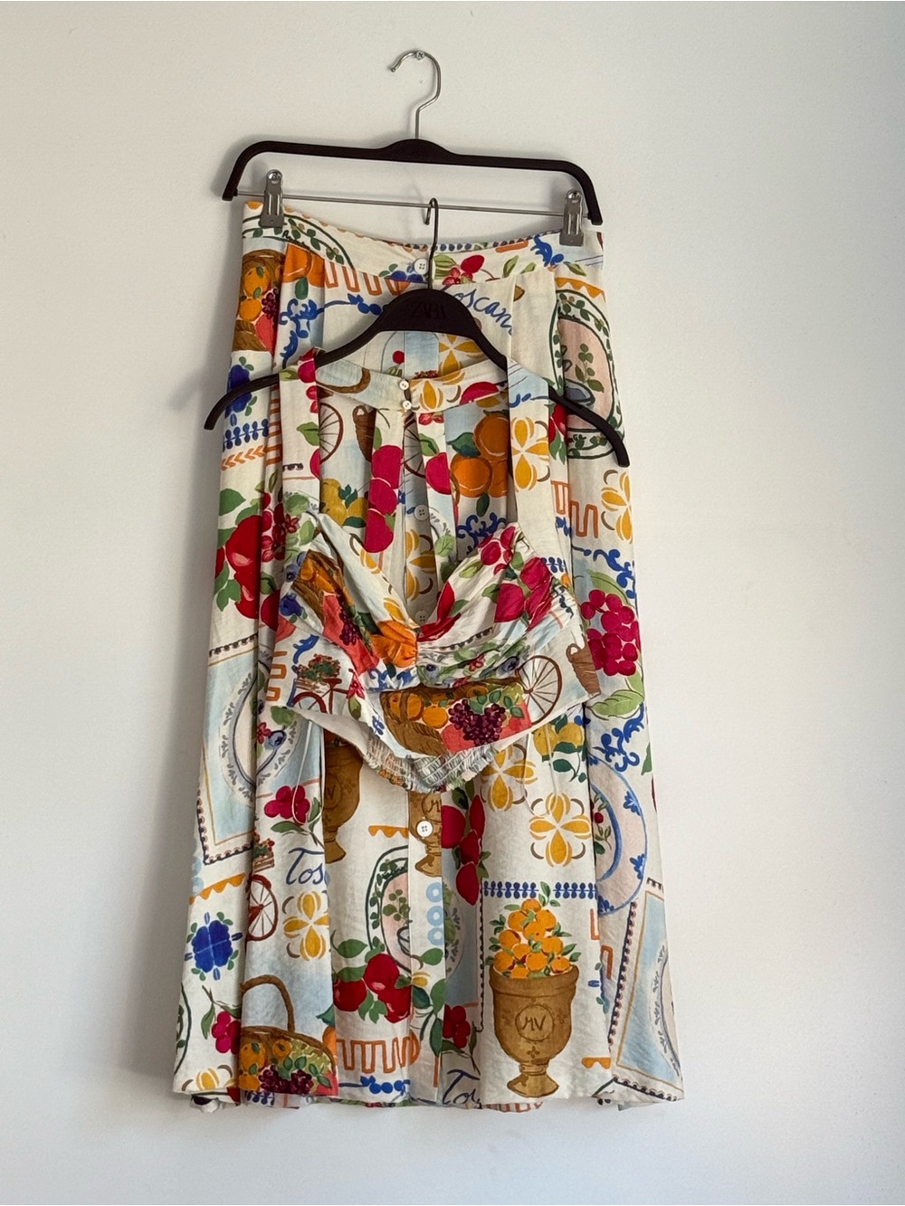 Zara Maxi Skirt & Top with Multi-Color Fruit & Floral Print